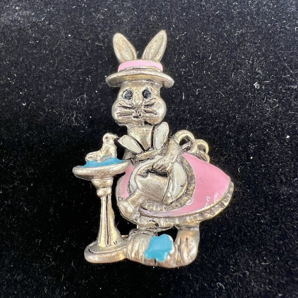 Cute VINTAGE Easter Pin Brooch - Easter Bunny & Bird Signed Danecraft